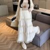 Women Elastic High Waist Tiered Lace Patch Maxi Long Skirt