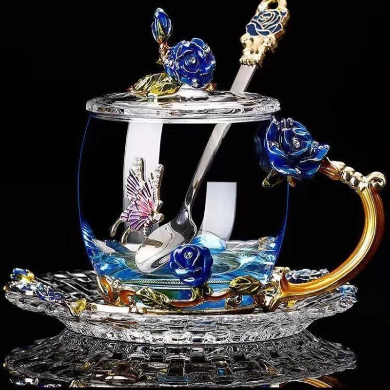 Uropean Enamel Rose Glass Cup Set with Hand-Carved Floral Design – Vintage Luxury Coffee & Tea Cups