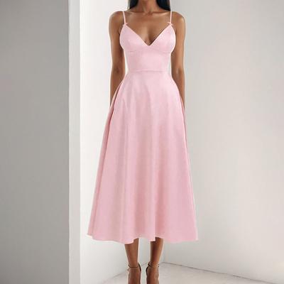 Spring New Women's Clothing with Temperament and Sexy V-neck High-waisted Fashion Suspender Large Pleated Dress