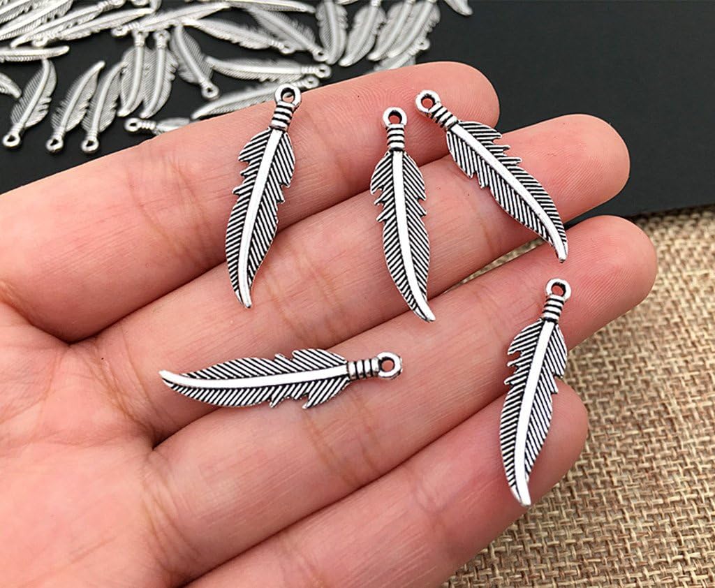ALIMITOPIA 100pcs Alloy Feather Charms Pendants Easter Angel Wing Feather Dangle Charm for DIY Crafting Bracelet Necklace Jewelry Making Findings