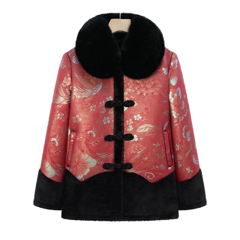 Mom's Thermal Fur Collar Coat, Grandma's Winter Plush Thickened Coat, Elderly Women's Clothes
