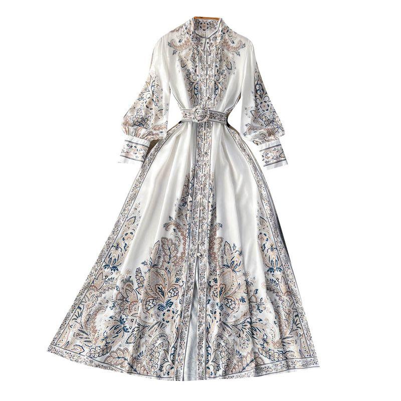 Vacation Style Stand-up Collar Puff Sleeve Wide Hem Printed Dress