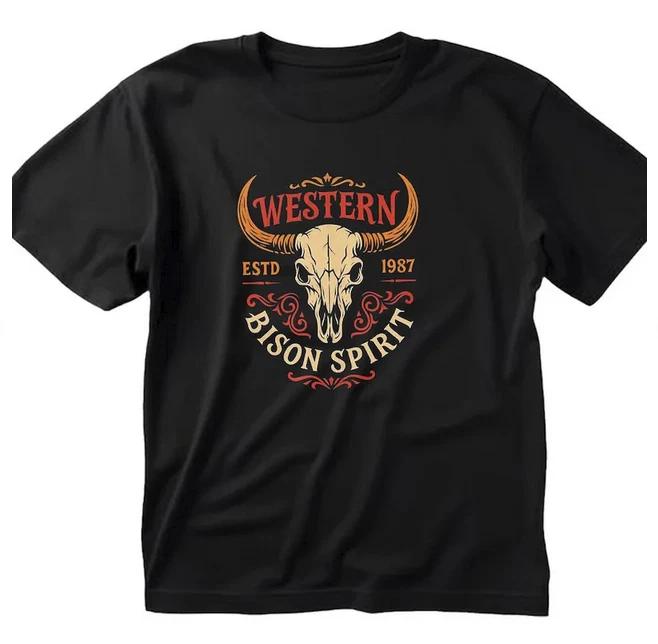 Western Bison Spirit Shirt, Vintage Cowboy Skull Graphic Tee, Rustic Western Sty M