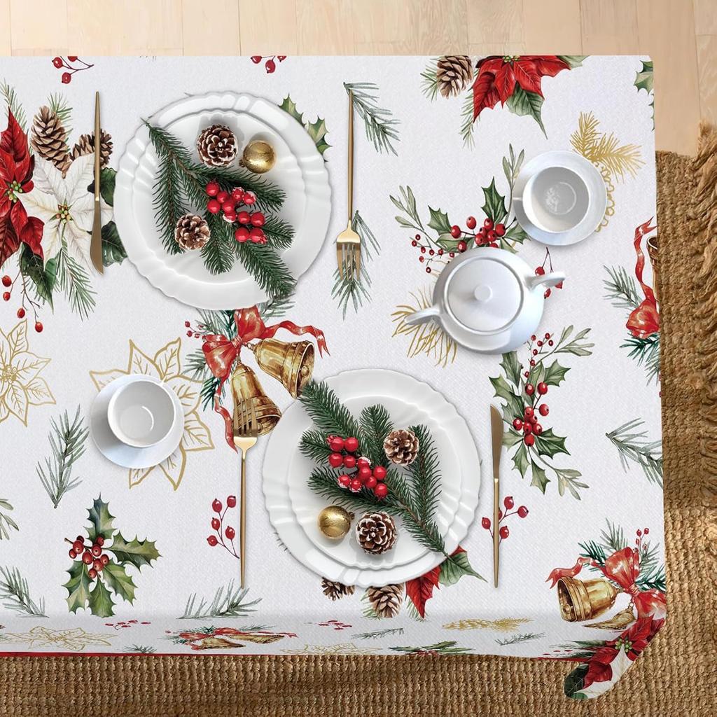 Christmas Poinsettia Holly Berry Rectangle Tablecloth for Table Decor Xmas Ball Pinecone Print Table Cloth Christmas Decorations