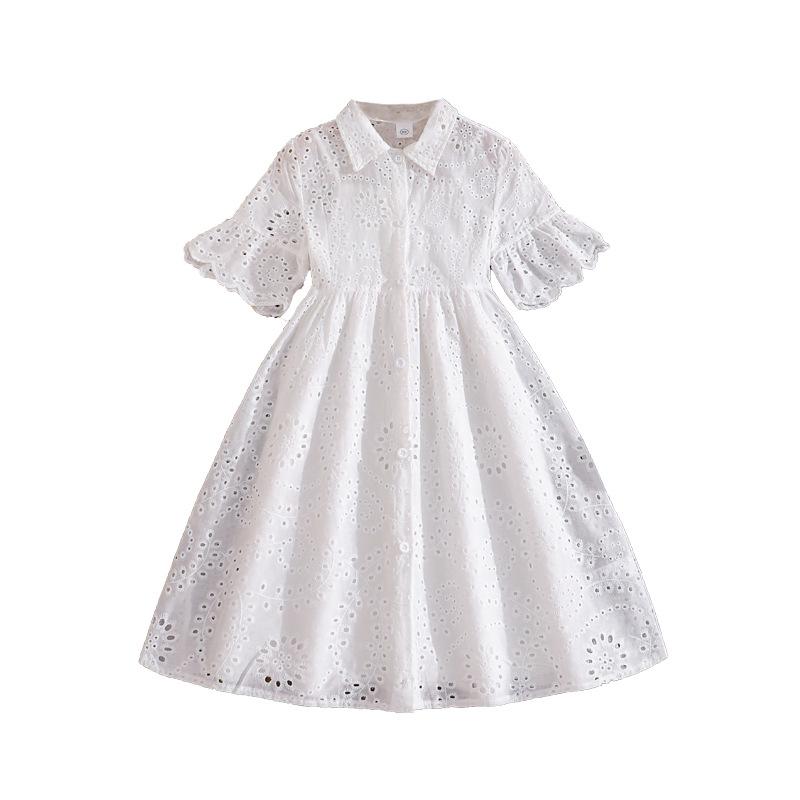 Girls' Fashionable Dress - Summer Children's Elegant Embroidered Lace Open-front Short-sleeved Shirt Dress