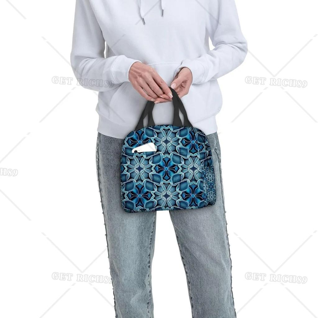 Blaues Kachel-Kaleidoskop Tragbare Lunchtasche für Frauen Männer Isolierte Kühltasche und Wiederverwendbare Lunchbox für Büroarbeit Picknick Strand