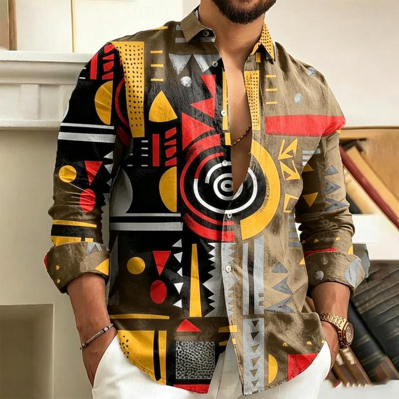 Trendiges Herren-Abstraktes Tribal Geometrisches Muster Langarmhemd, Hip-Hop Street Culture Urlaubs-Kragen Herrenhemd