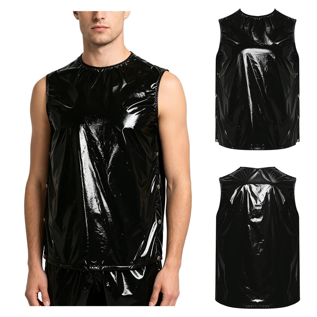 S-3XL Men Vinyl Waterproof Reusable Tank Top Round Neck Sleeveless Press Buttons At Shoulder and Sides for Gymnastics Workout Exercise