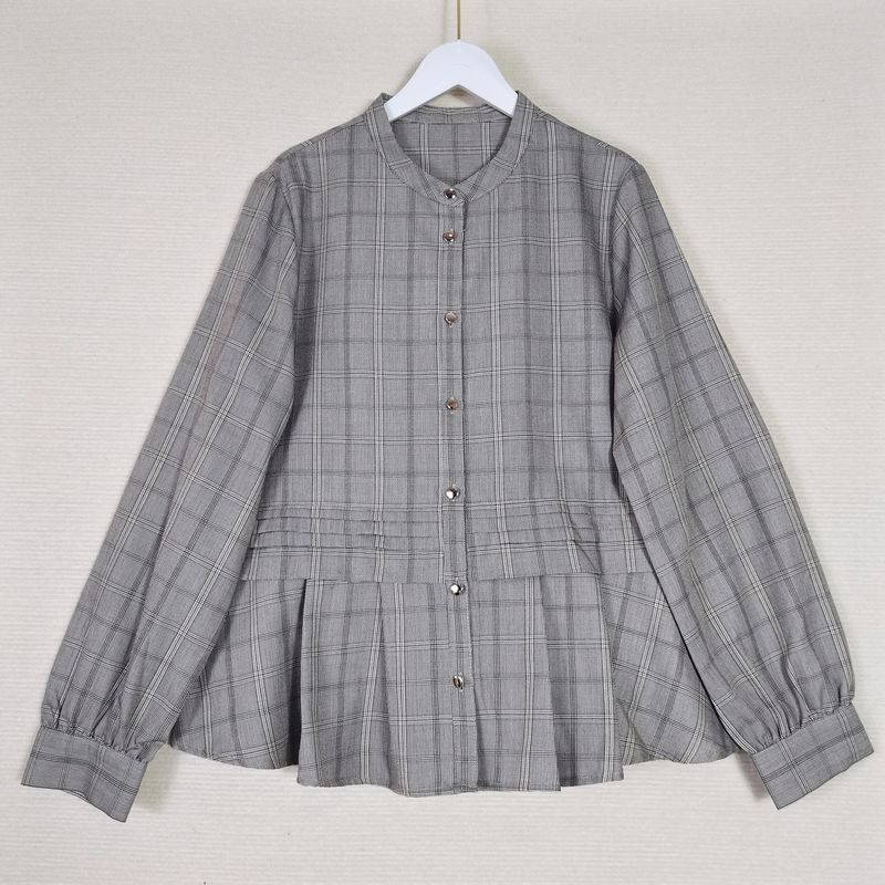 Order Work Clothing All-Match Small Stand Collar Pleat and Waisted Skirt Silm Slim Looking Anti-Aging Long Sleeves Shirt for Women Spring & Fall