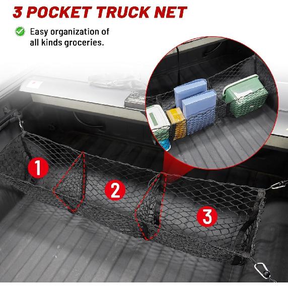 RED WOLF 3 Pocket Truck Bed Cargo Net For Toyota Ford Dodge GMC Chevy Silverado, Universal Pickup Mesh Storage Net 47.2" X 11.8" Stretchable Elastic