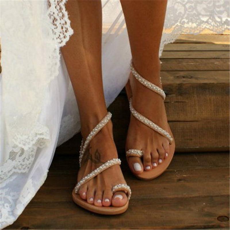 Women Flat Sandals Summer Sweet Boho Pearl Decoration Sandals Women Beach Shoes
