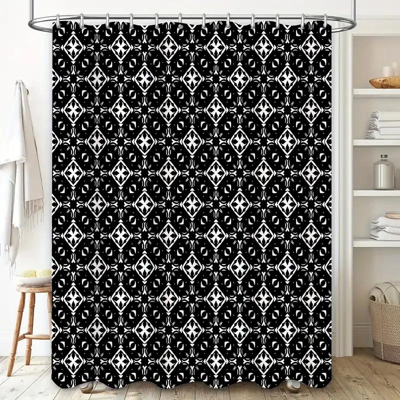 Vintage Retro Style Bathroom Decor Shower Curtain Black White Geometric Pattern Waterproof Fabric for Bathtub Home Decoration 84