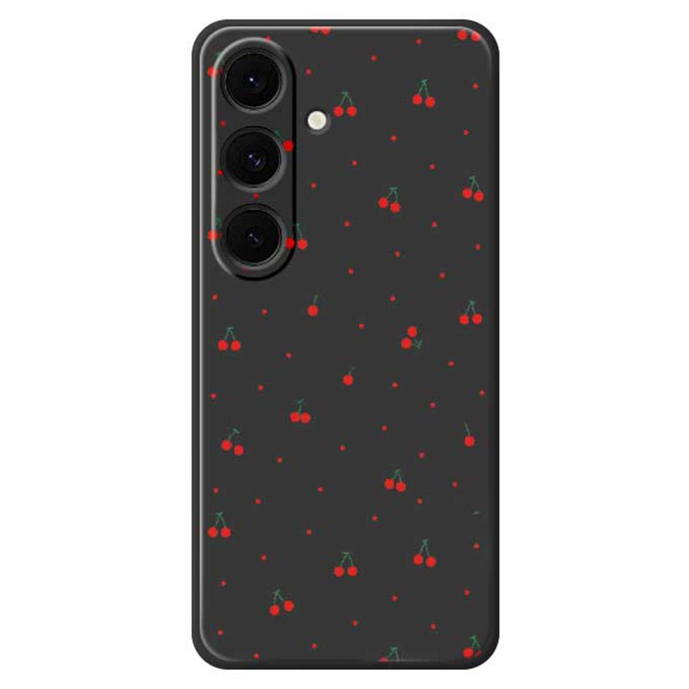 

For Samsung Galaxy S25+ Case Red Cherry Pattern Printing Straight Edge TPU Phone Back Cover Black
