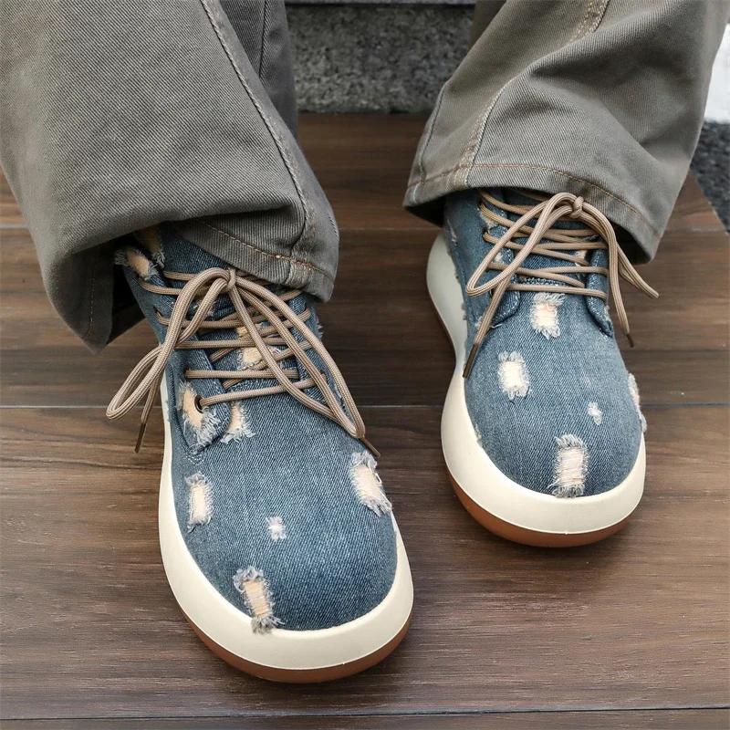 Canvas Boots for Men Outdoor Workwear Boots Retro Spring Chunky Sneakers Design Big Head Platform Lace-up Ankle Boots Trendy