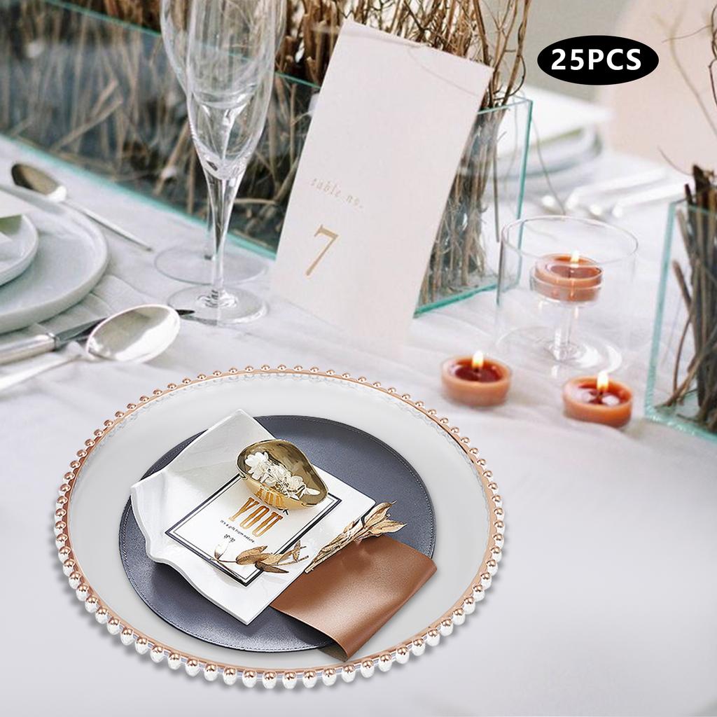 25-Pack Clear & Rose Gold Plastic Charger Plates, 32cm/12.6 Inch Round Dinner Plates, Bulk Elegant PS Hot Stamping Tableware