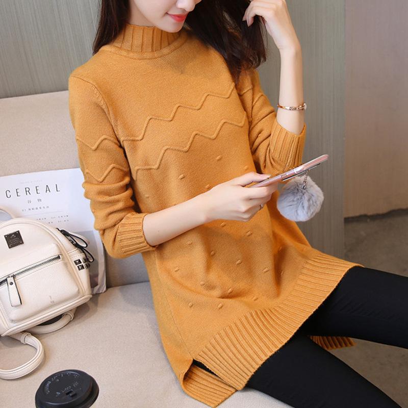 Semi-turtleneck autumn and winter pullover sweater medium and long loose long-sleeved bottoming shirt solid color knitted sweater women's clothing