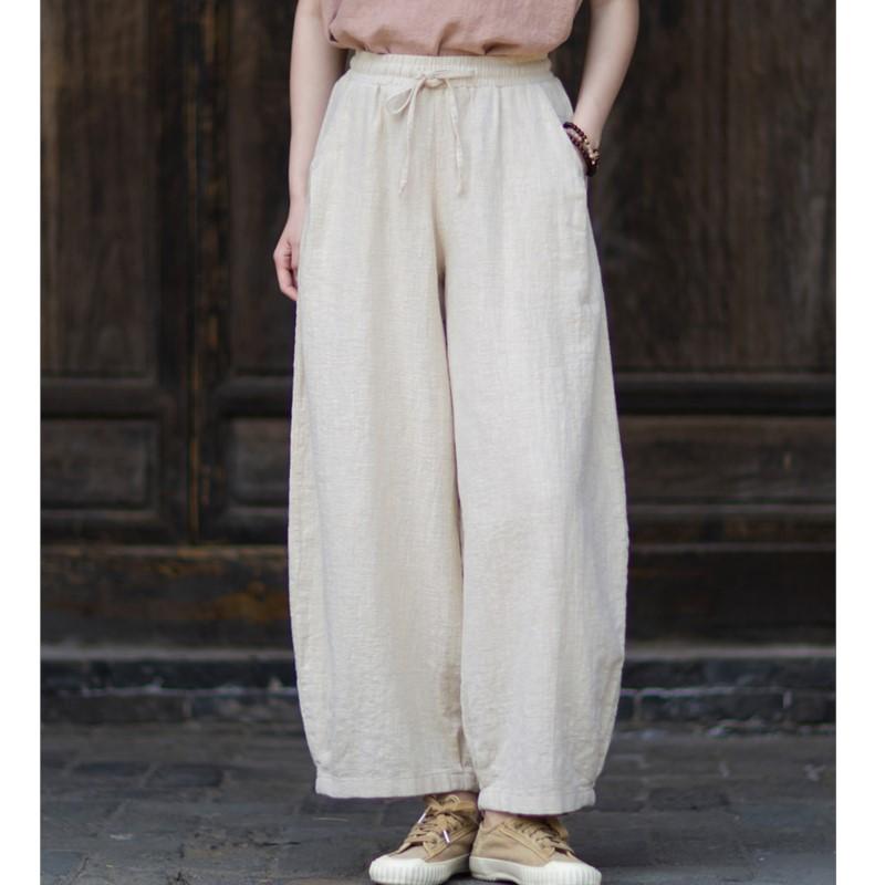 Johnature Women Vintage Bloomers Pants Summer Chinese Style Solid Color Trousers Pockets Soft Pants
