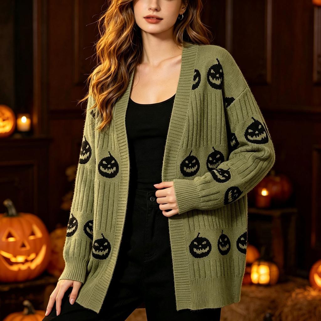 Damen Lässiger Lockersitz Halloween Kürbis V-Ausschnitt Strickjacke für Herbst und Winter