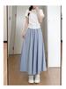 2025 Summer Women's Blue A-Line Pleated Midi Skort with High Waist and Wide-Leg Design