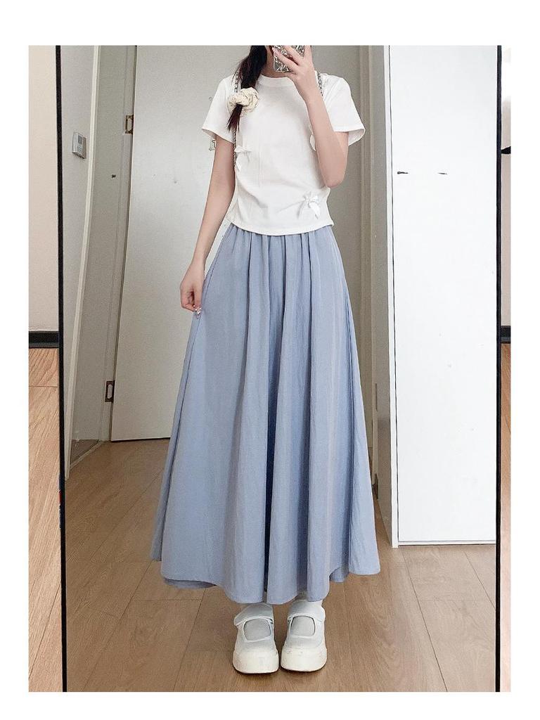 2025 Summer Women's Blue A-Line Pleated Midi Skort with High Waist and Wide-Leg Design