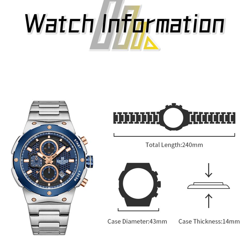 Naviforce Męski Zegarek Kwarcowy Wskazówkowy Stoper Chronograf Wodoodporny Pasek Ze Stali Nierdzewnej Kalendarz Luminescencyjny Męski Chłopięcy Modny Zegarek Casualowy NF8072