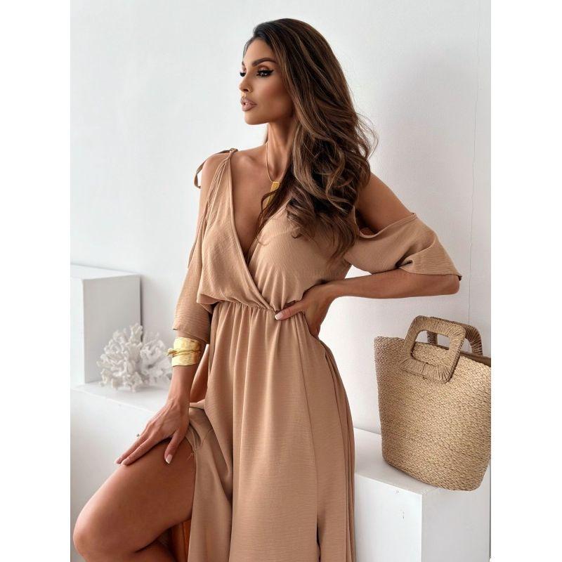 

Fashion Style Summer New Arrival Women s Clothing Sexy V-neck Pure Color Long Dress off-Shoulder Short Sleeve Slim Looking High Waist Skirt CAMEL XL