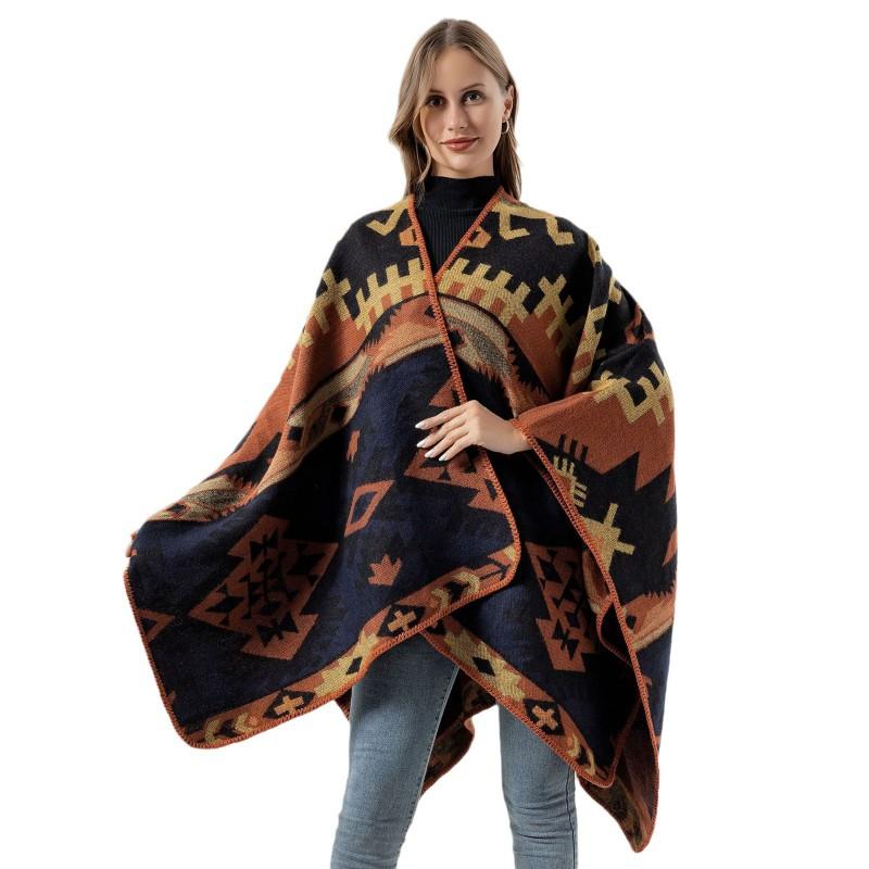Boho Knit Shawl Women Men Lightweight Warm Wrap Scarf Fall Winter Ethnic Patterned Cape