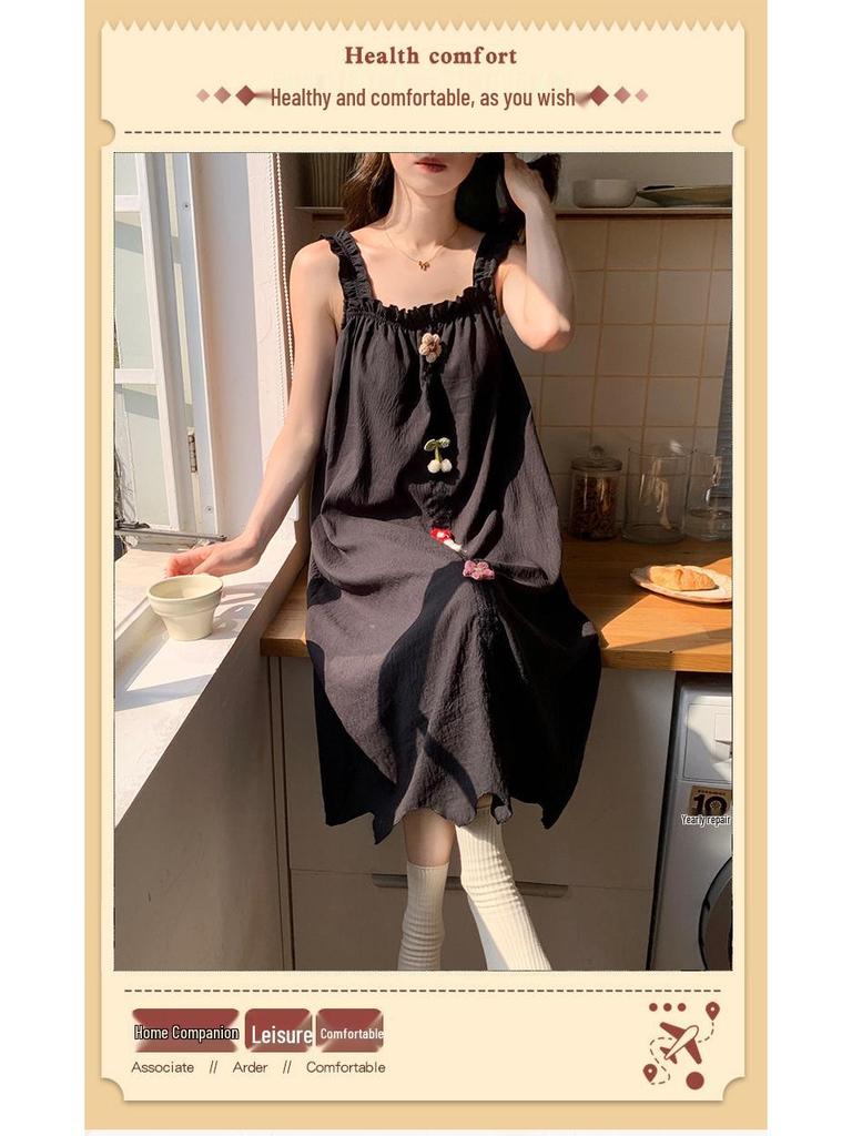 2026 Summer Princess Style Woven Cloud Cotton Camisole Nightgown with Chest Pads - Long Skirt, Square Neck.