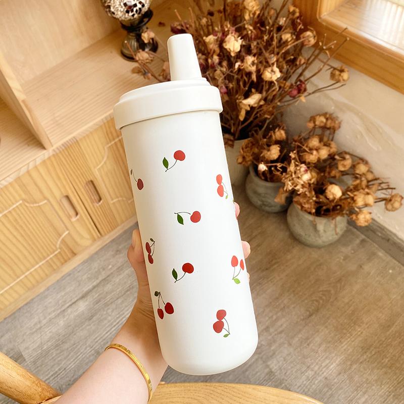 Kawaii Cherry Thermos Cup Cute Boba Water Bottle With Straw Cover Cap Portable Coffee Cup Tumbler Stainless Steel Cups 500/850ml