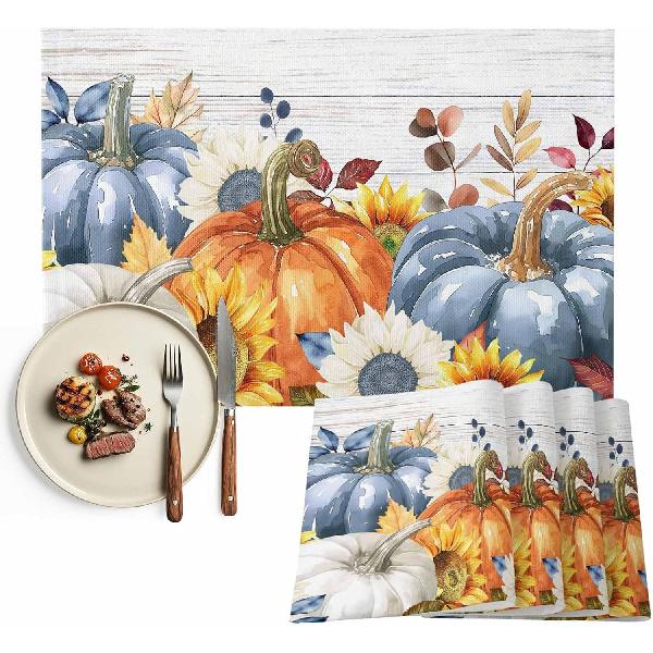 Fall Placemats Set of 6 Thanksgiving Pumpkin Table Mats, Farmhouse Sunflower Seasonal Holiday Outdoor Dining Table Place Mats for Home Party