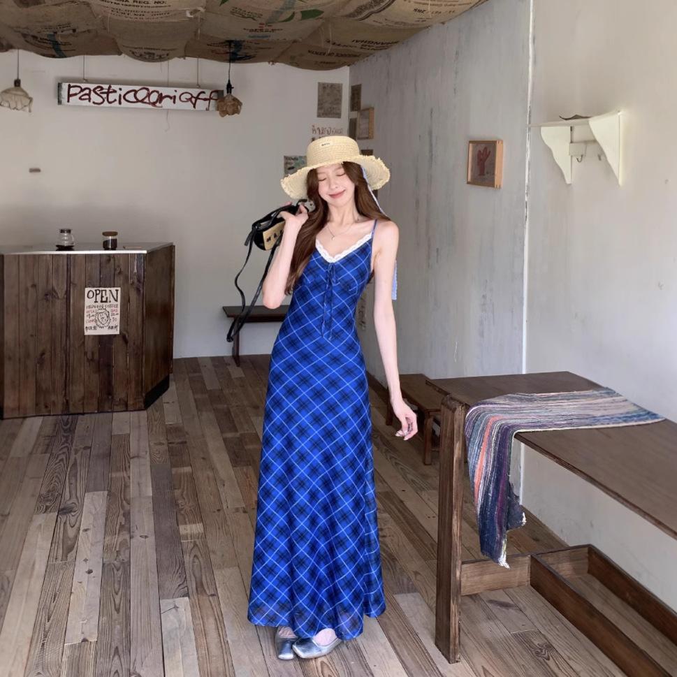 French Blue Dress Women's Summer Sexy V-neck Suspender Skirt Waist Thin A-shaped Long Dress Beautiful Long Skirt