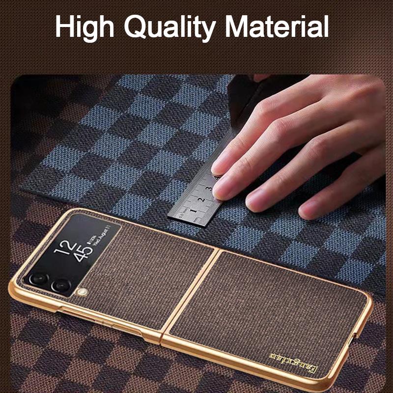 For Samsung Z Flip 4 5g Case High Quality Cloth Texture Leather Plating Frame Hard Pc Cover For Galaxy Z Flip4 5g Fundas