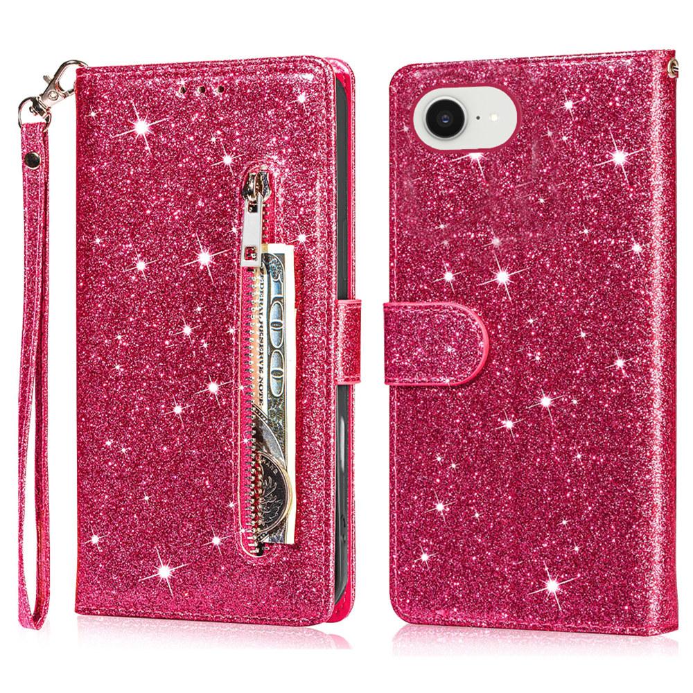

Для iPhone 16e Чохол-підставка з блискітками Шкіряний чохол для телефону Кишеня на блискавці Rose