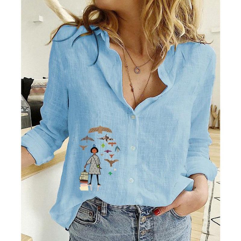 QICED Blusas y Camisas Casuales de Moda para Mujer con Estampado de Peces Pequeños, Manga Larga y Cuello Polo