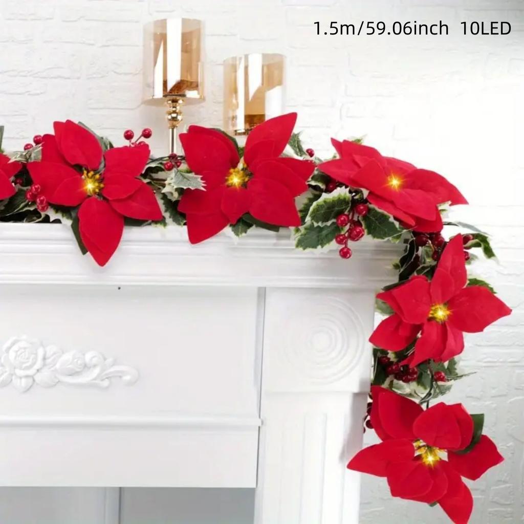 Red Poinsettia Floral String Lights Durable Plastic Holiday Lights Battery Powered Garland For Home Indoor Outdoor Decor