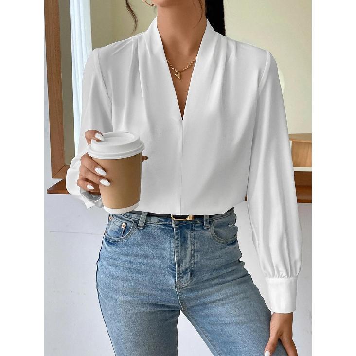 New satin shirt for women 2026 spring/summer loose V-neck white top blouse S белый