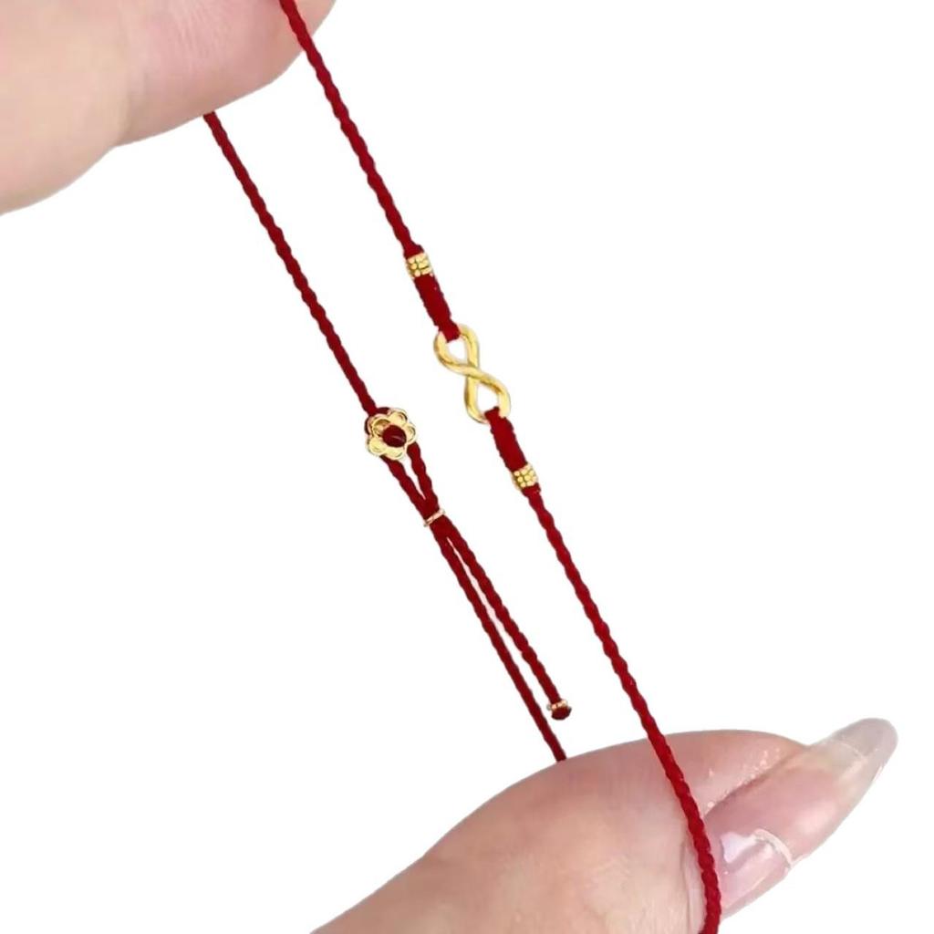 Exquisiteira Pulseira do Zodíaco Dourada Tecida à Mão com Corda Vermelha, Flor da Sorte e Fivela de Cauda Infinita para Mulheres.