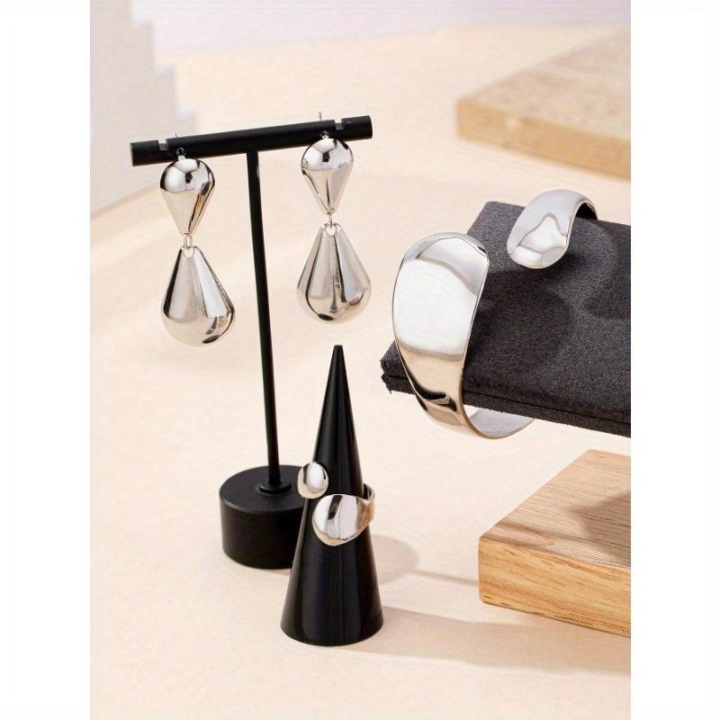 Geometric Open Cuff Bracelet, 1pc Open Ring, and 1 Pair of Droplet Shaped Pendant Earrings Retro Exaggerated Jewelry Set for Women
