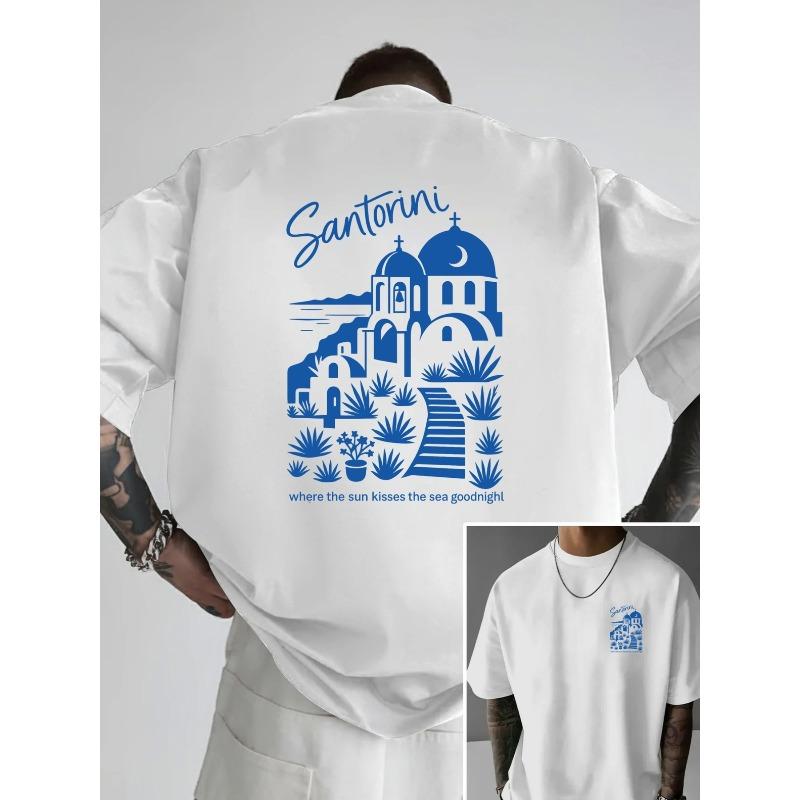 Men'S Drop Shoulder T-Shirt, Santorini, Greek Style Double-Sided Print Men'S Loose Fit T-Shirt, New Trendy Style Men'S Apparel