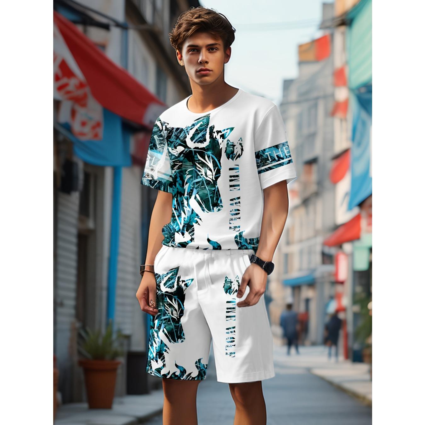 

Teen Boys Fashion 3D Printed Casual Pullover Short Sleeve Shorts T-Shirt, Stylish Wolf Animal Pattern, Outdoor 5-6Y