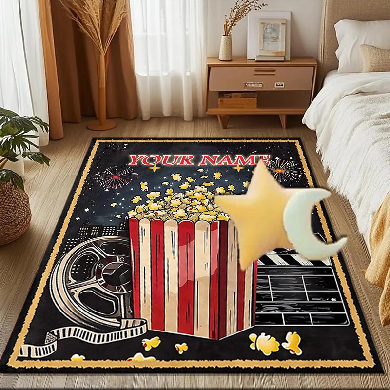 1PC Custom Name Movie Night Popcorn Party Theme Floor Mat Ideal for Living Room, Game Rooms, Office, Bedroom Floor Mat Playful Design