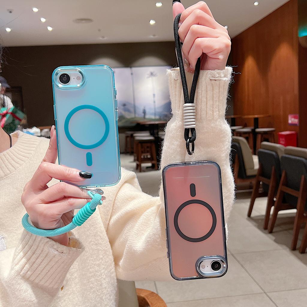 Gradient Colorful Translucent Case for IPhone 12 13 14 15 16 Pro Max 16E Wireless Charging Strong Magnetic Hanging Rope Cover