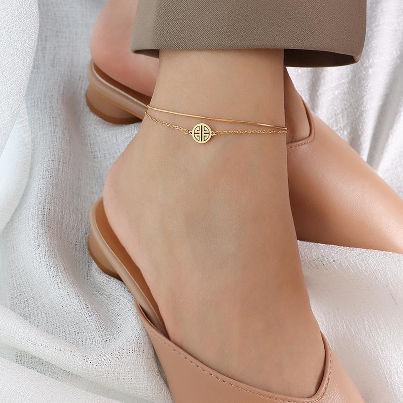 Retro Chinese-Style 18K Gold Chain Anklet – Trendy, Simple, and Elegant Titanium Steel Accessory