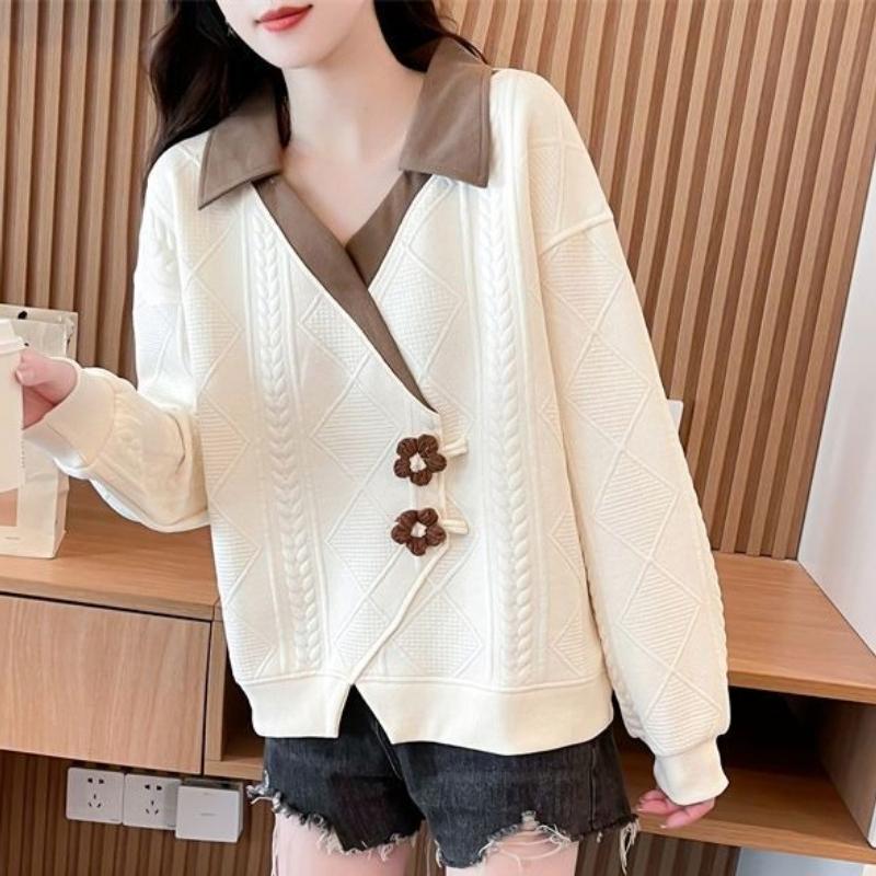 Irregular Women's Sweatshirt 3D Flower Decoration Lapel Contrasting Long Sleeved Pullover Korean Version Spring New Style Loose Woman Top