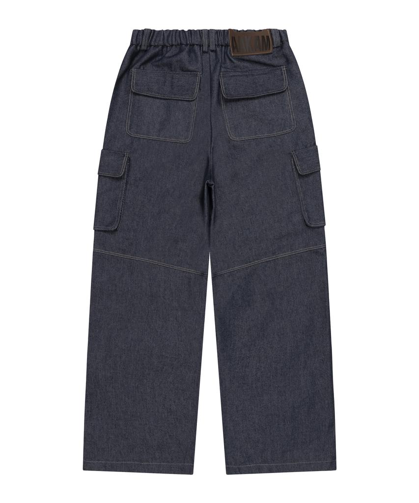 AAKAM Stitched Denim Wide Cargo Pants (Blue)