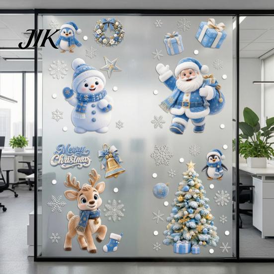 Double Sided Window Decorations 4Pcs Christmas Static Clings, Blue Santa Snowman Reindeer Penguin Gold Decor Stickers, Reusable Xmas Holiday