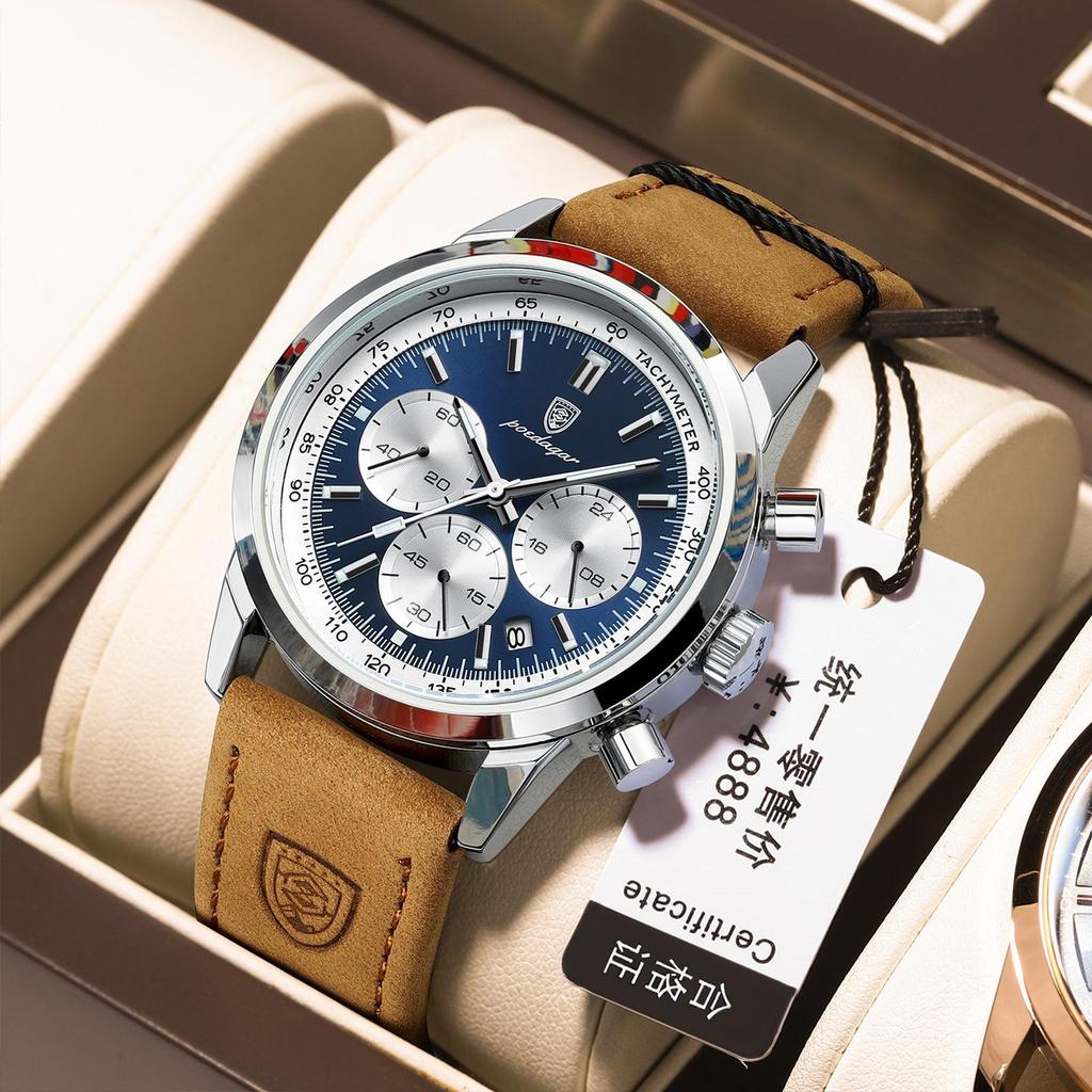 POEDAGAR Bai Da Qie Multifunctional Men's Sports Quartz Watch - Leather Strap, Stopwatch, Waterproof 921