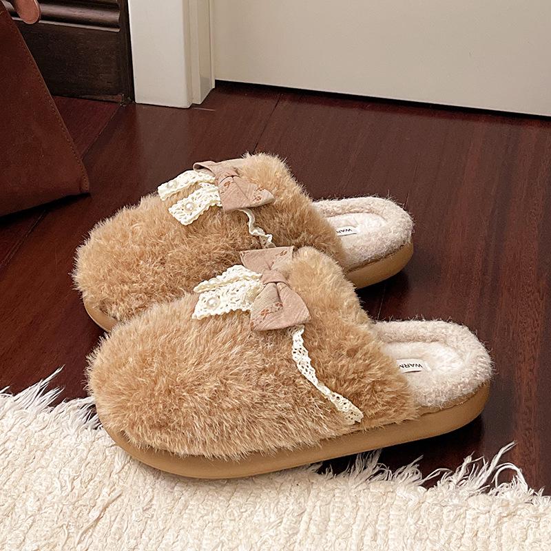 

Women s Bow Plush Cotton Slippers: Warm, Non-Slip, Soft Sole, Furry Velvet for Autumn/Winter Indoors. 36-37 (runs small) коричневый