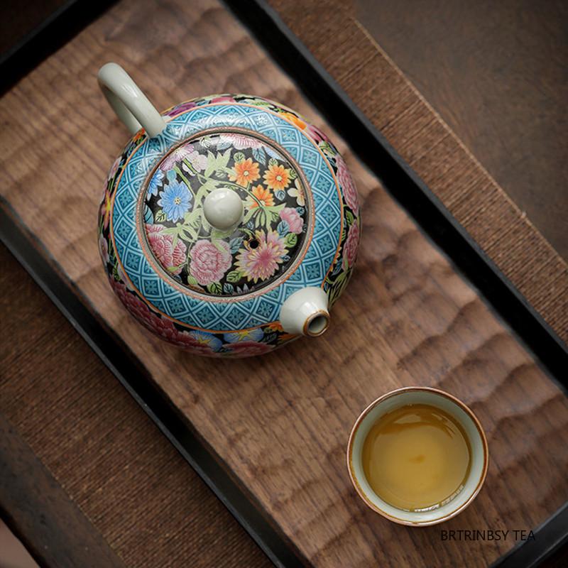 210ml Traditional Ru Kiln Ceramic Teapot Handmade Flowers Pattern Xishi Tea Pot Ball Hole Filter Kettle Portable Chinese Tea Set