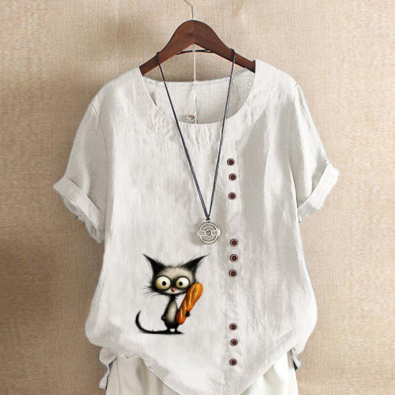 

Женская модная черная футболка с коротким рукавом с принтом «кошка», свободная хлопковая рубашка, повседневная свободная летняя блузка, топы больших размеров 5XL белый